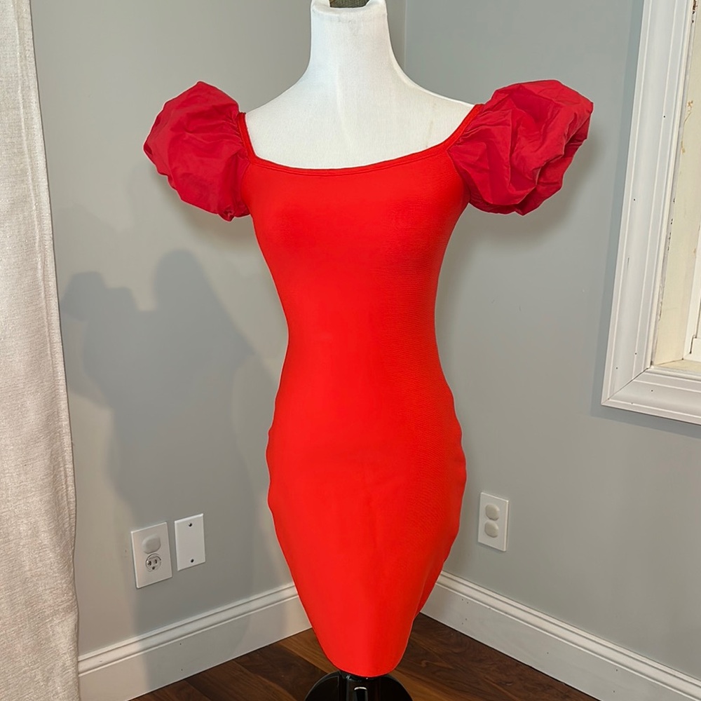Sesidy Elegant Red Puff Sleeve Bandage Mini Dress Size Small